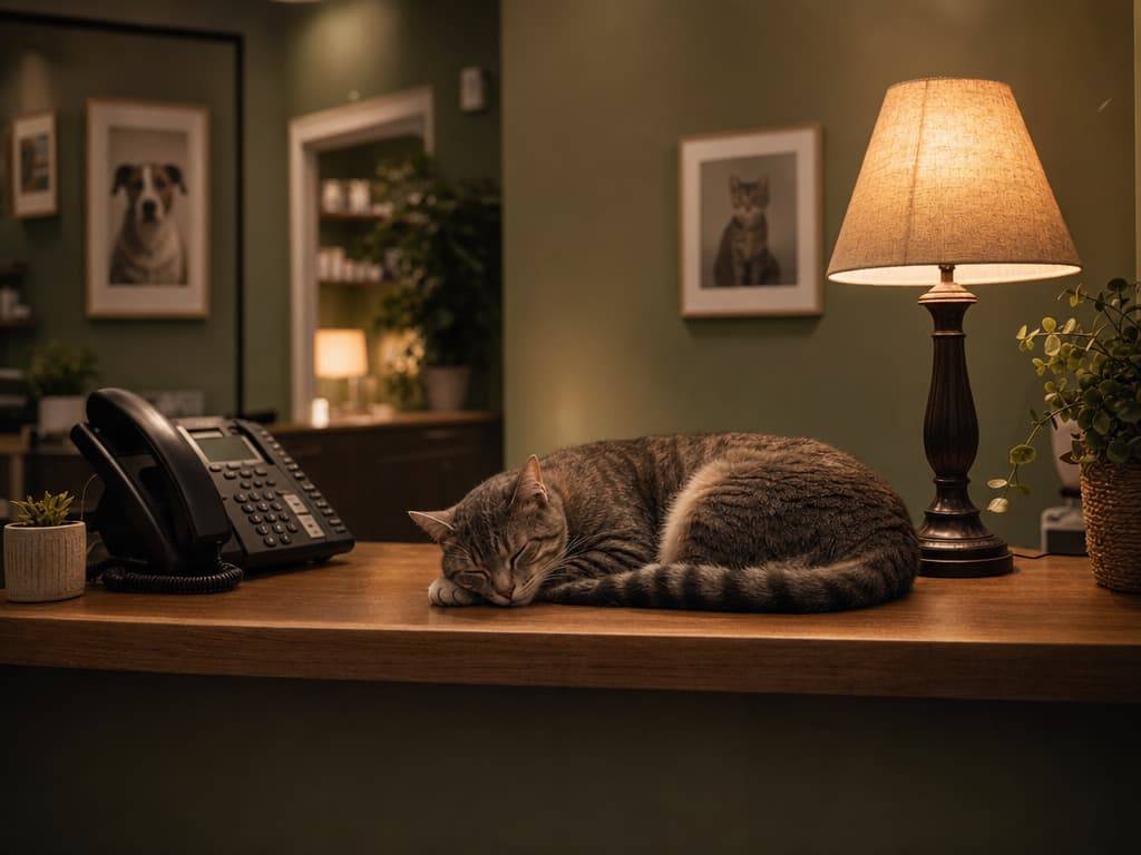 A quiet veterinary reception desk late at night, lit by a warm desk lamp, with a grey tabby cat asleep on the counter beside the phone.