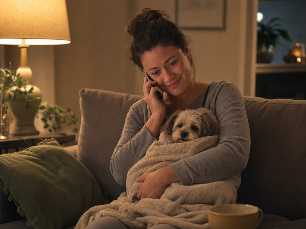 A pet owner at home in the evening, cradling a small dog wrapped in a blanket while talking on the phone with a relieved expression.