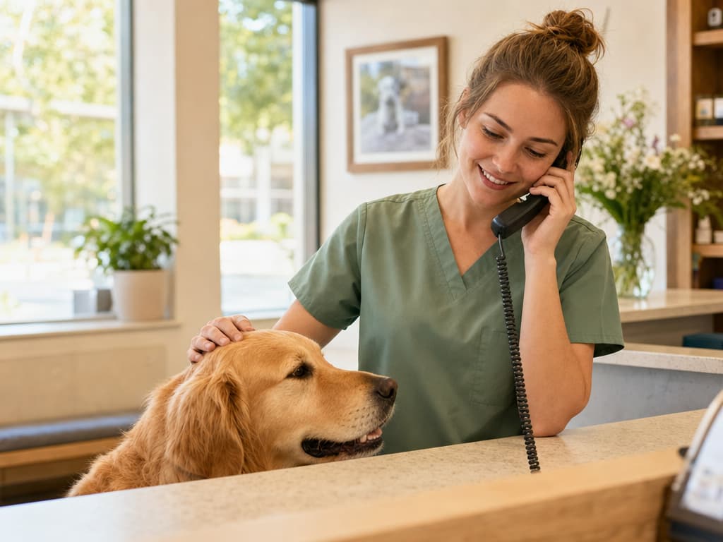 A veterinary receptionist in soft sage scrubs smiling on the phone, one hand resting gently on a calm golden retriever at a bright clinic front desk.